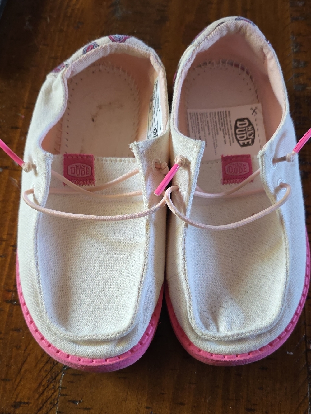 Hey Dude Kids Cream Canvas Sneakers with Pink Sole and Trim